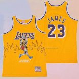 Camiseta Los Angeles Lakers LeBron James NO 23 Hardwood Classics Skull Edition Amarillo