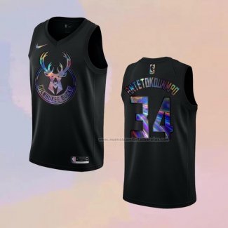 Camiseta Milwaukee Bucks Giannis Antetokounmpo NO 34 Iridescent Logo Negro